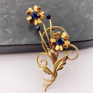 VINTAGE Gold-filled flower brooch with dark blue rhinestones ~ 1950s daisy pin